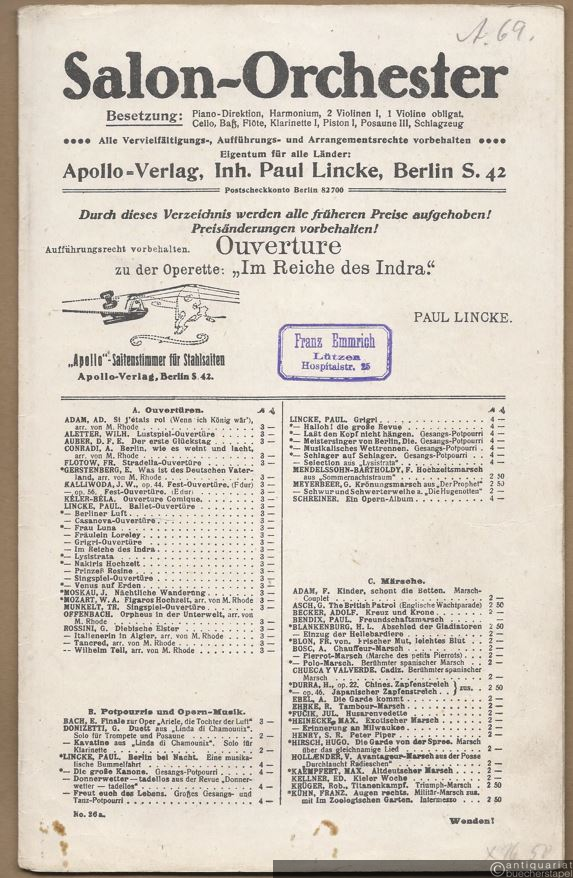  - Ouverture zu der Operette: Im Reiche des Indra. Salonorchester. 24 Stimmen.