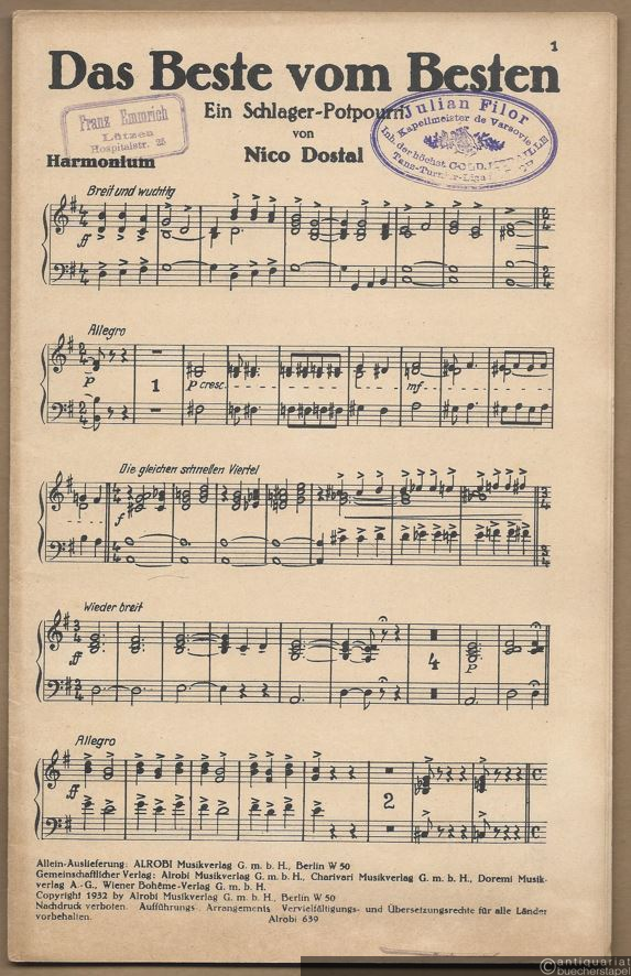  - Das Beste vom Besten. Ein Schlager-Potpourri von Nico Dostal (= Alrobi 639). Salonorchester. 14 Stimmen.