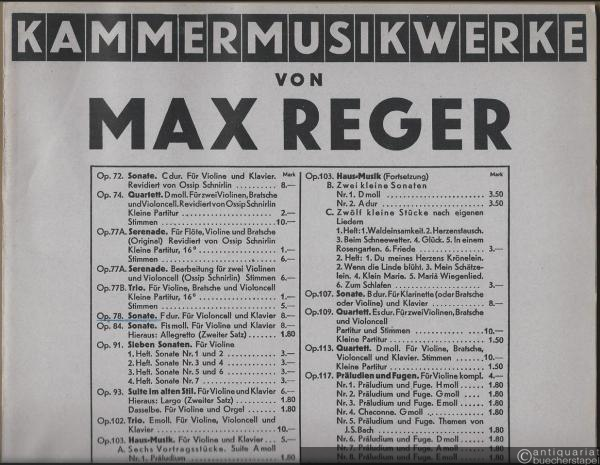  - Sonate (F Dur) für Violoncell und Klavier, Op. 78 (= Kammermusikwerke von Max Reger, Op. 78). Partitur und Stimme.