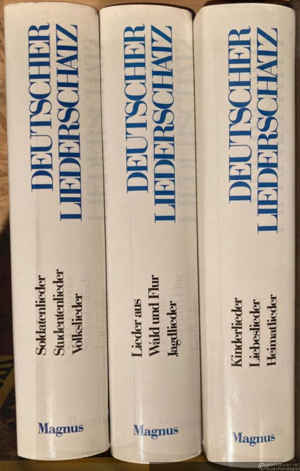  - Deutscher Liederschatz. Band 1: Kinderlieder, Liebeslieder, Heimatlieder. Band 2: Lieder aus Wald und Flur. Jagdlieder. Band 3: Volkslieder Studentenlieder, Soldatenlieder, Trinklieder (= Der deutsche Liederschatz. Über 1000 bekannte und unbekannte Lieder, zum großen Teil mit Noten). 3 Bände.