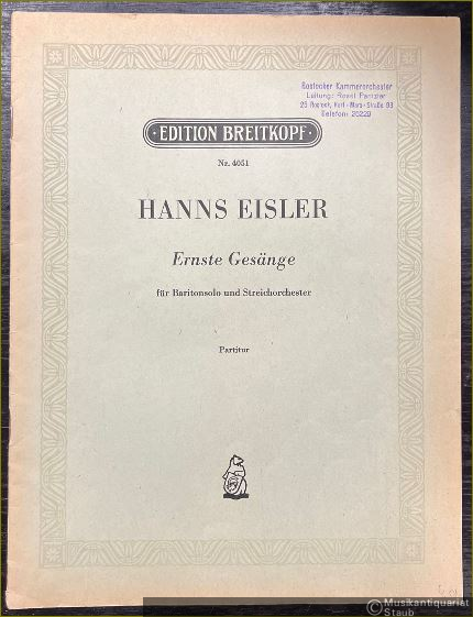  - Ernste Gesänge für Bariton und Streichorchester (= Edition Breitkopf, Nr. 4051). Partitur.