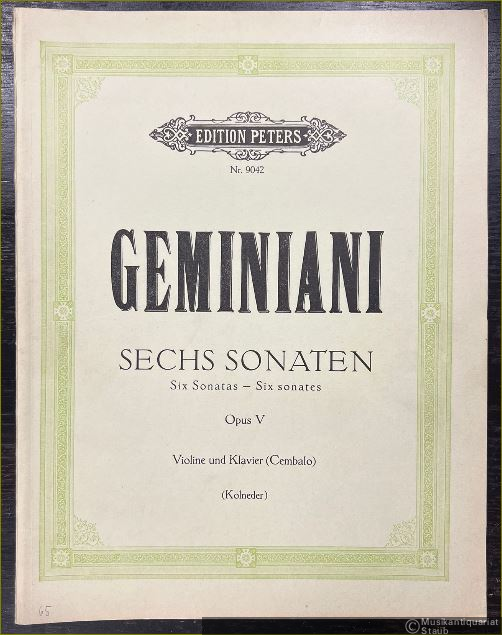  - Sechs Sonaten für Violine und Klavier (Cembalo) Opus V (= Edition Peters, Nr. 9042).