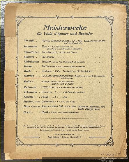  - 2. Konzert für Viola mit Orchester (Streicher, 2 Flöten, 2 Corni) (= Meisterwerke für Viola d'amore und Bratsche).