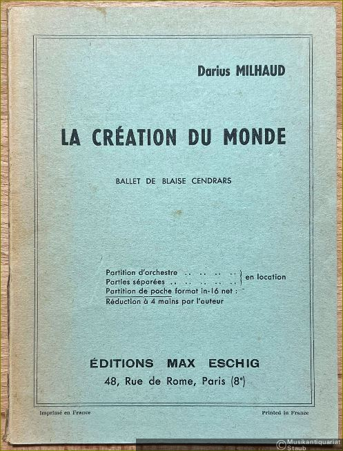  - La Creation du Monde (1923). Ballet de blais censdrars. Partition de poche.