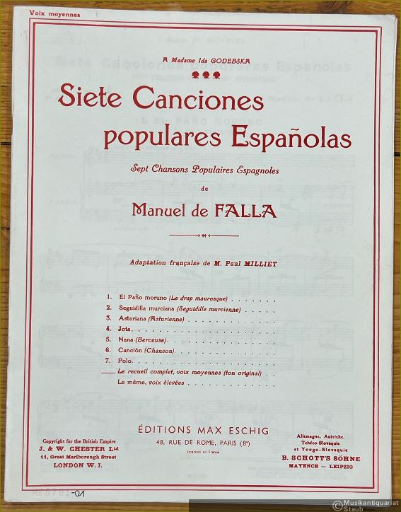  - Siete Canciones populares Espanolas / Sept Chansons Populaires Espagnoles. Voix moyennes [Mittlere Stimme].