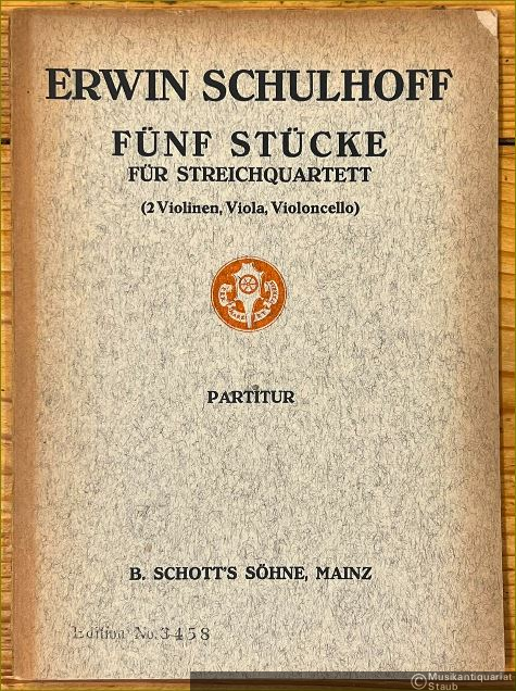  - Fünf Stücke für Streichquartett (2 Violinen, Viola, Violoncello) (1923) (= Edition Schott, No. 3458). Taschenpartitur.