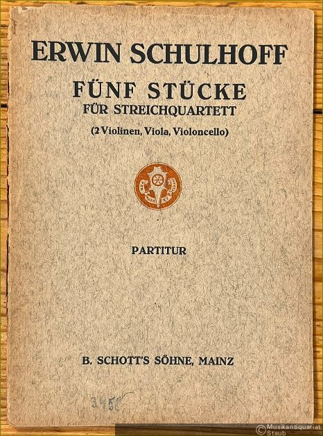  - Fünf Stücke für Streichquartett (2 Violinen, Viola, Violoncello) (1923) (= Edition Schott, No. 3458). Taschenpartitur.