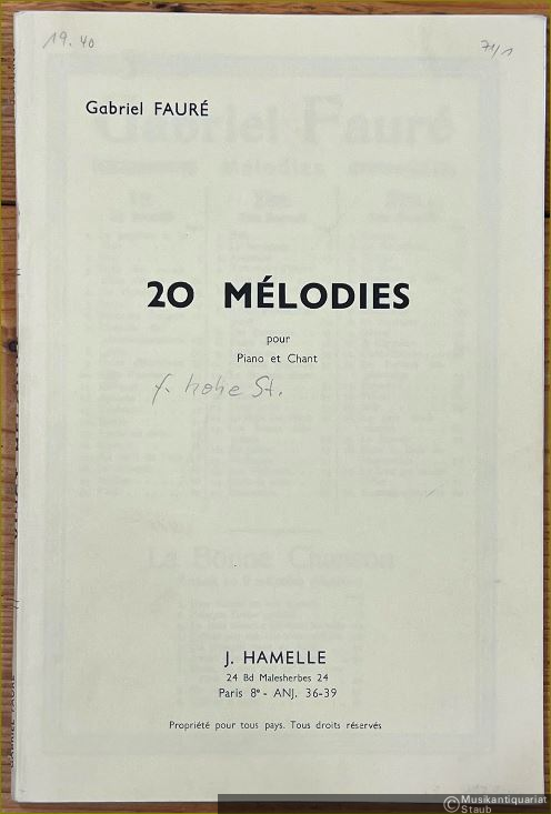 - 20 Melodies pour Piano et Chant [hohe Stimme] (= Gabriel Faure, Melodies: 2eme recueil).