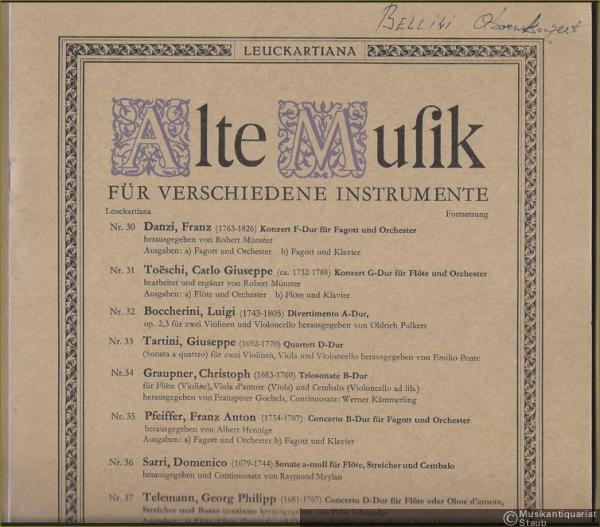  - Konzert für Oboe und Orchester (= Alte Musik für verschiedene Instrumente, Leuckartiana, Fortsetzung, Nr. 39). Partitur. Urtext - Erstdruck.